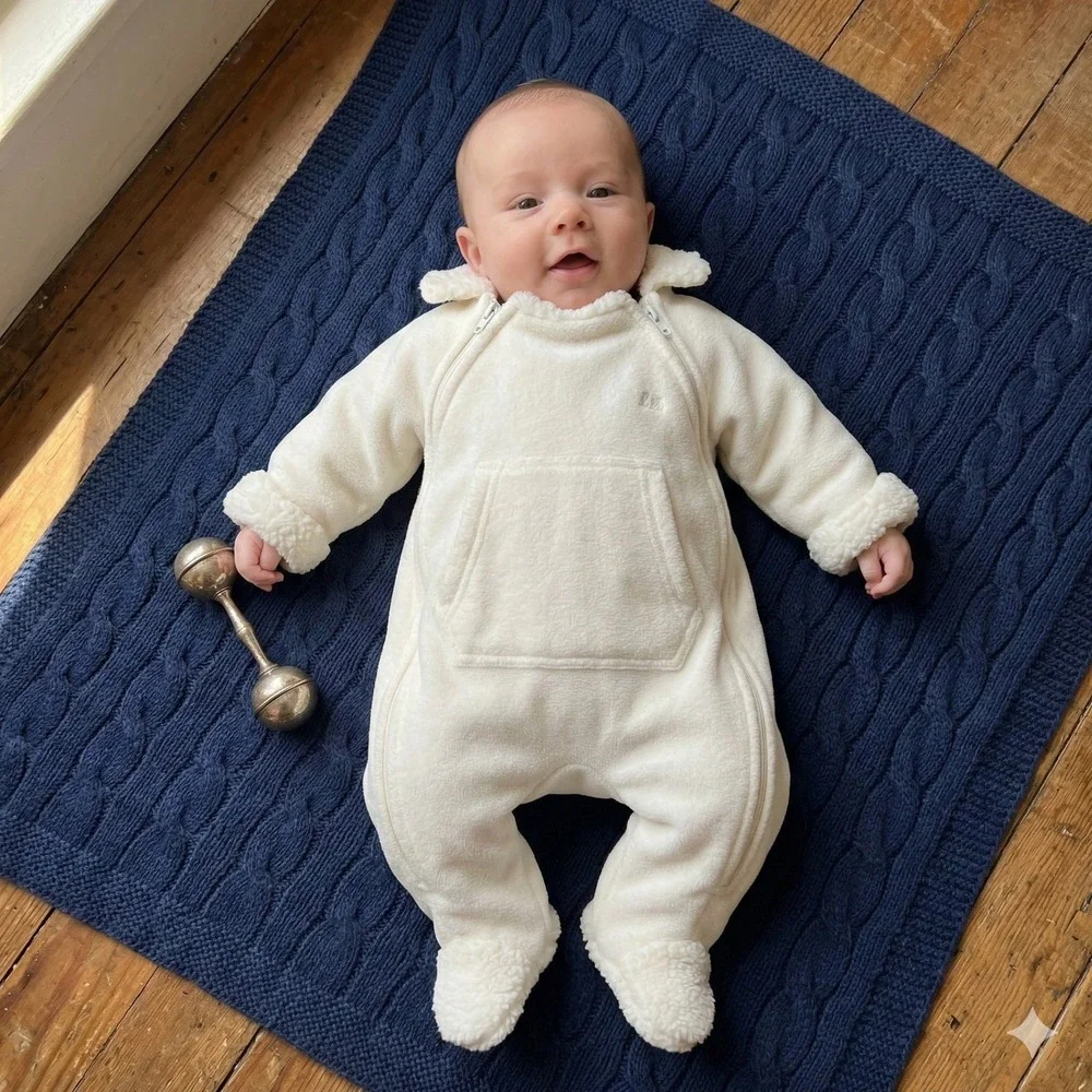 Ralph Lauren Fleece Bunting Suit Baby 0-6M Cream Sherpa‎ Lined Pram Snow Hooded